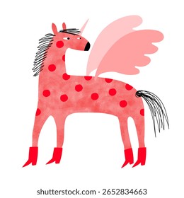 Cute Unicorn in Red Boots. Funny Childish Vector Illustration Of Red Dotted Unicorn With Pink Wings on a White Background. Nursery Art Ideal For Wal Art, Poster, Card. Kids Room Decoration.RGB Colors.