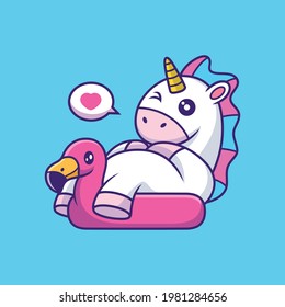 Cute Unicorn Relax with Flamingo Tires Cartoon. Summer Vector Icon Illustration, Isolated on Premium Vector