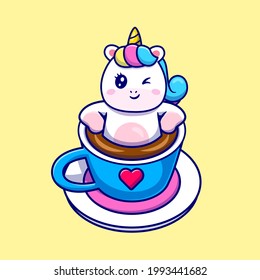 Cute Unicorn Relaxing In Coffee Cup Cartoon Vector Icon Illustration. Animal Drink Icon Concept Isolated Premium Vector. Flat Cartoon Style