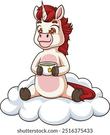 Unicórnio bonito relaxando em uma nuvem enquanto segura uma xícara de ilustração de vetor de chá