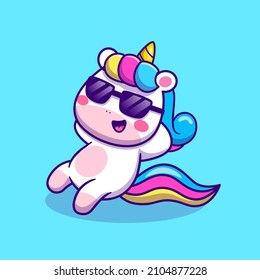 Cute Unicorn Relaxing Wearing Glasses Cartoon Vector Icon Illustration. Animal Holiday Icon Concept Isolated Premium Vector. Flat Cartoon Style