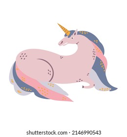 Cute Unicorn Resting Cartoon Vector Icon Illustration. Animal World Icon Concept, Isolated Premium Vector. Flat Cartoon Style