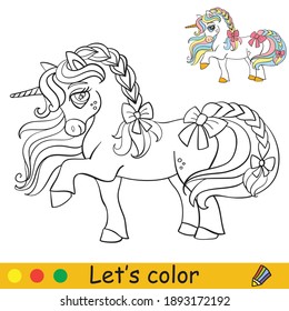 Cute unicorn with ribbons. Coloring book page with colorful template. Vector cartoon illustration isolated on white background. For coloring book, preschool education, print and game.