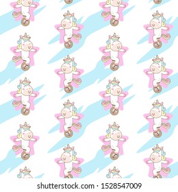 Cute Unicorn Ride Mono Cycle seamless pattern Vector Illustration, ready for print