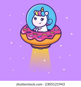 Cute Unicorn Riding Donut Ufo In Space Cartoon Vector Icon Illustration. Animal Science Icon Concept Isolated Premium Vector. Flat Cartoon Style