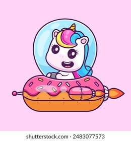 Lindo Unicornio Montando Donut Ufo Dibujo Animado Vector Ilustración. Icono de Ciencia animal concepto de Vector Premium aislado. Estilo plano de dibujos animados