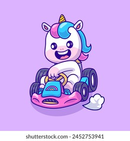 Cute Unicorn Riding Gocart Cartoon Vector Icon Illustration. Animal Sport Icon Concept Isolated Premium Vector. Flat Cartoon Style