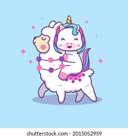 
cute unicorn riding cute llama cartoon illustration