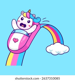 Cute Unicorn Riding Roller Coaster Cartoon Vector Icon Illustration. Animal Holiday Icon Concept Isolated Premium Vector. Flat Cartoon Style