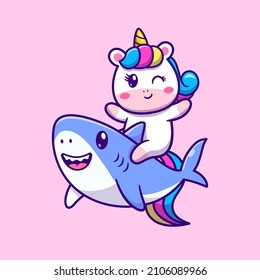 Cute Unicorn Riding Shark Cartoon Vector Icon Illustration. Animal Nature Icon Concept Isolated Premium Vector. Flat Cartoon Style