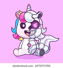 Cute Unicorn Robot Cyborg Cartoon Vector Icon Illustration. Animal Technology Icon Concept Isolated Premium Vector. Flat Cartoon Style