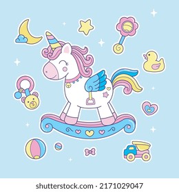 Cute unicorn rocking horse and baby toys illustration