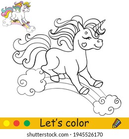 El unicornio lindo se desliza por el arcoiris. Colorear la página del libro con una plantilla colorida. Dibujo vectorial aislado. Para colorear, educar, imprimir, jugar, fiesta, ducha de bebé, diseño, decoración y ropa