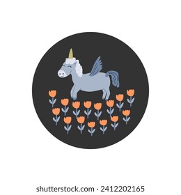 cute unicorn round background isolated. Vector illustration with flower and horse.