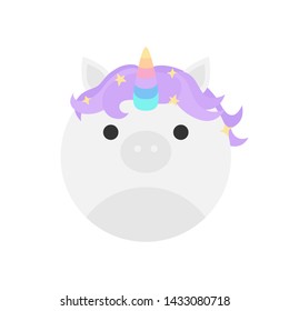 Cute unicorn round graphic vector icon. White, grey unicorn with purple mane and rainbow horn. Mythical creature head, face illustration. Isolated.