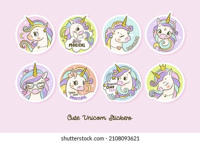 Cute unicorn round stickers, illustration for kids