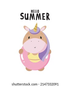 Cute Unicorn with Rubber Swimming Ring. Vector illustration in cartoon style.