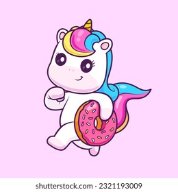 Cute Unicorn Running With Donut Cartoon Vector Icon Illustration. Animal Food Icon Concept Isolated Premium Vector. Flat Cartoon Style
