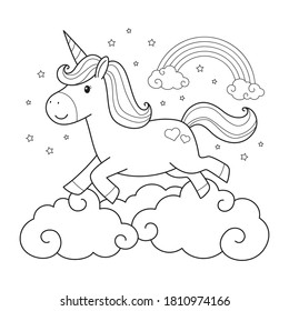 Cute unicorn running on the clouds, Cartoon linear style coloring page, Isolated on white background, Vector Illustration