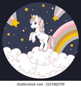 Cute unicorn running on the clouds with the starry sky on background. Round frame. Vector illustration 
