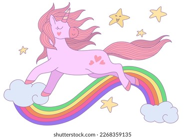 Cute unicorn running on clouds with rainbow and star in the sky. Vector design illustration.