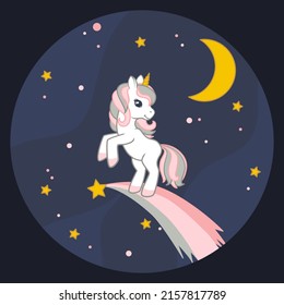 Cute unicorn running on the falling star with the starry sky on background. Round frame. Vector illustration 