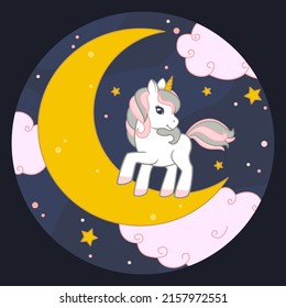 Cute unicorn running on the moon with the starry sky and clouds on background. Round frame. Vector illustration 