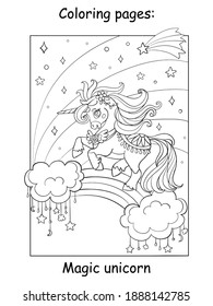 Cute unicorn running on rainbow in the night sky. Coloring book page. Vector cartoon illustration isolated on white background. For coloring book, preschool education, print and game.