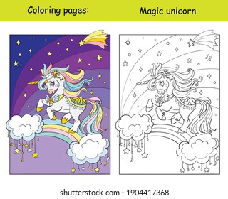 Cute unicorn running on rainbow in the night sky. Coloring book page wih colored template. Vector cartoon illustration isolated on white background. For coloring book, preschool education, print, game