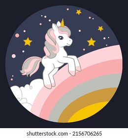 Cute unicorn running on the rainbow with the starry sky on background. Round frame. Vector illustration 