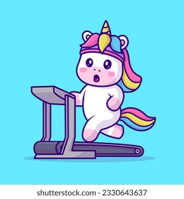 Cute Unicorn Running on Treadmill Cartoon Vector Icon Illustration. Animal Sport Icon Concept Isolated Premium Vector. Flat Cartoon Style