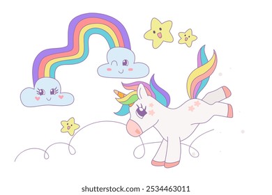 Cute unicorn running with rainbow and stars, Cartoon fantasy style, Unicorn hand drawn doodles, Vector design illustration.
