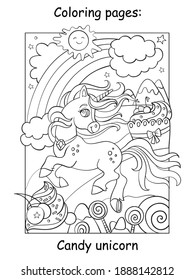 Cute unicorn running in sweet magical world. Coloring book page. Vector cartoon illustration isolated on white background. For coloring book, preschool education, print and game.