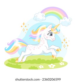 Un unicornio lindo corriendo a través de un prado de flores. Ilustración vectorial aislada en un fondo blanco. Feliz unicornio mágico. Para impresión, diseño, afiche, pegatina, tarjeta, decoración, camiseta, ropa infantil