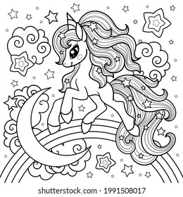 A cute unicorn runs on a rainbow. Black and white linear drawing. A magical, fantastic animal. For the design of prints, posters, coloring books, stickers, tact, badges, etc. Vector