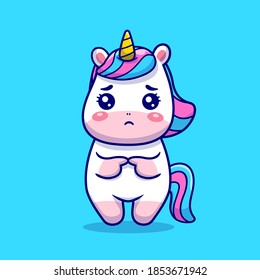 Cute Unicorn Sad Cartoon Vector Icon Illustration. Animal Nature Icon Concept Isolated Premium Vector. Flat Cartoon Style