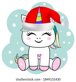 Cute unicorn with santa claus hat and snowflakes. Cartoon fantasy animal. Christmas concept. Vector illustration.
