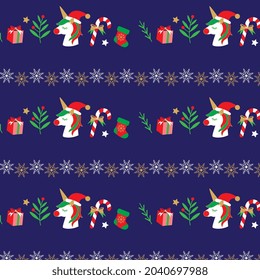Cute unicorn in Santa Claus hat.  Merry Christmas seamless pattern with sock, snowflake, gift box, candy cane and berry stem. Vector illustration. Surface design backdrop for cards and wrap paper.