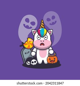 cute unicorn scared by ghost in halloween day