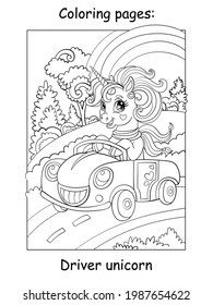 Cute unicorn with a scarf drive a car. Coloring book page for children. Vector cartoon illustration isolated on white background. For coloring book, education, print, game, decor, puzzle, design