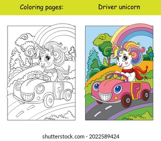 Cute unicorn with a scarf drive a car. Coloring book page for children with colorful template. Vector cartoon isolated illustration. For coloring book, education, print, game, decor, puzzle, design