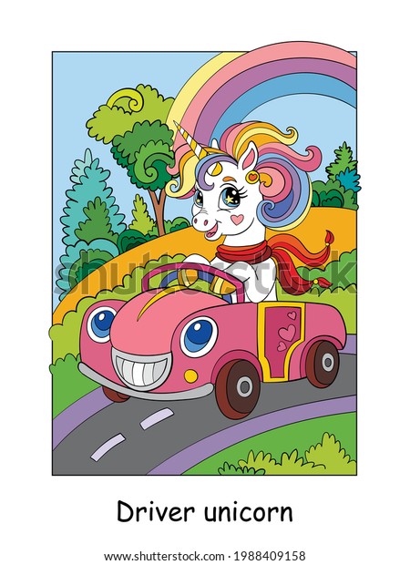 Cute unicorn with a scarf drive a car. Vector\
colorful cartoon illustration in children style. For postcard,\
posters, design, cards, stickers, room decor, party and baby\
shower, apparel, puzzle