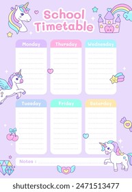 Cute Unicorn schedule weekly planner and school time table with rainbow castle, diamond, star, and flowers kawaii icon background illustration