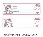 Cute Unicorn School Name Label Vector, Kawaii Pink Unicorn Rainbow Heart Illustration for Kids Book and Notebook Label Template