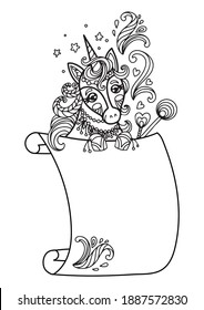 Cute unicorn with scroll sign template. Monochrome vector kawaii illustration with animal in tangle style and empty blank paper template. For print, design, T-shirt, logo, advertising, celebration.
