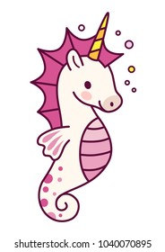 Cute unicorn sea horse vector cartoon illustration.  Simple flat line doodle icon contemporary style design element isolated on white. Magical creatures, fantasy, fairy, dreams theme.