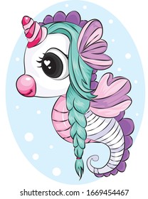Cute unicorn sea horse vector cartoon illustration. Magical creatures, fantasy, fairy, dreams theme.