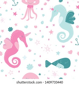 Cute unicorn seahorse seamless vector pattern. Pink and blue sea inhabitants: horsefishes unicorn and princess, jelly fish and fish and some sea elements like shells, bubbles, stars, anchors.