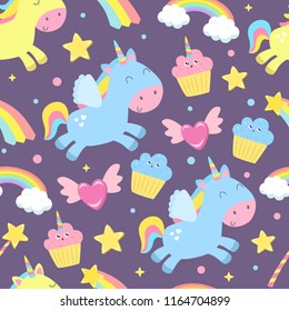 Cute unicorn seamless background. Flat design.