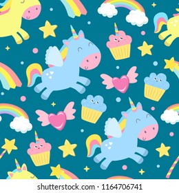 Cute unicorn seamless background. Flat design.